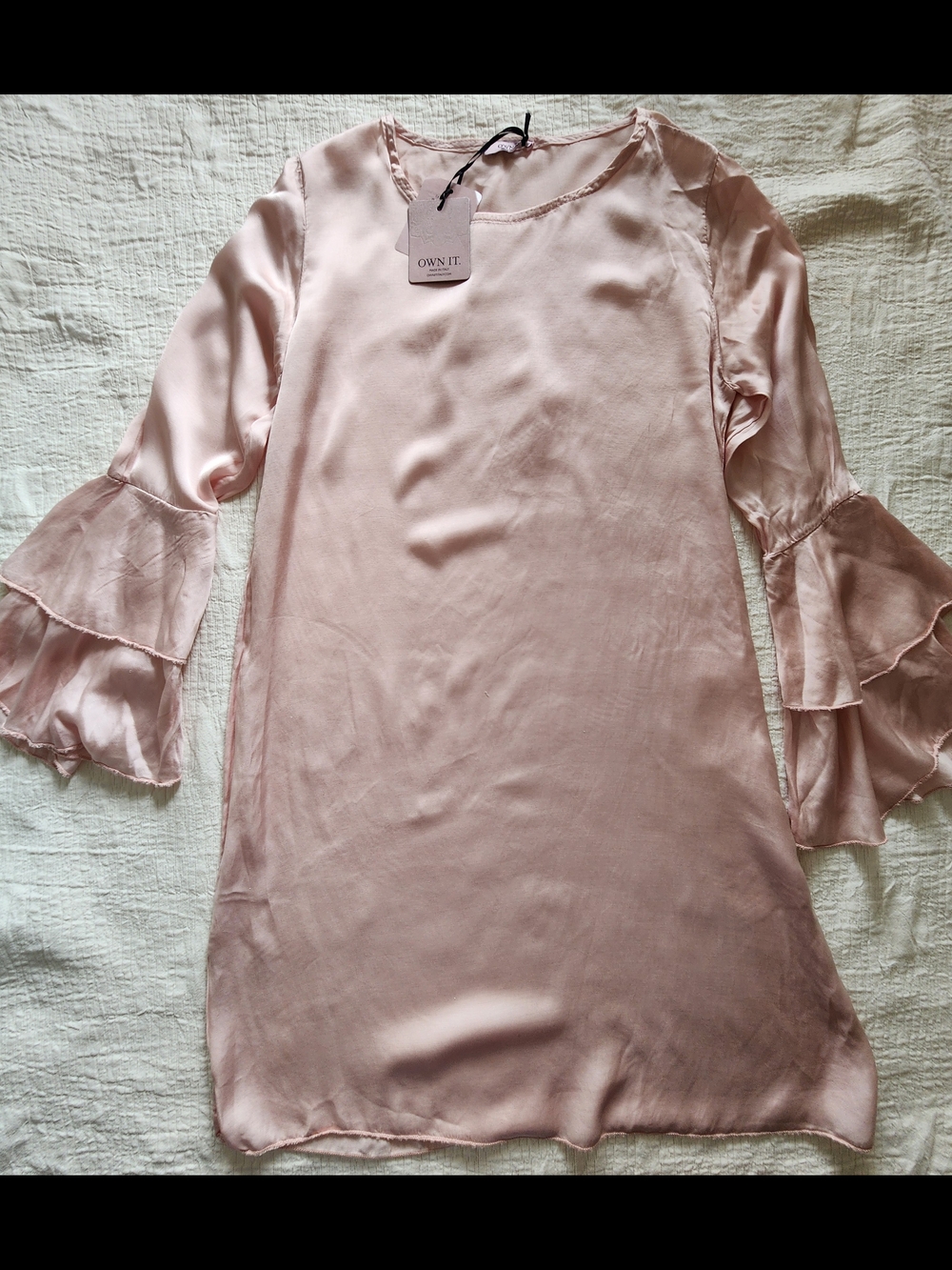 OWN IT Blush Pink Satin Ruffle Sleeve Dress